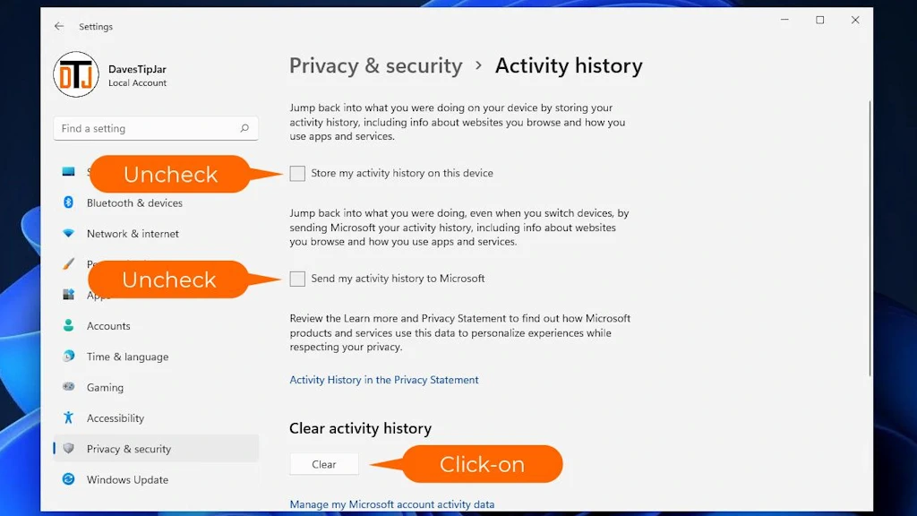 Disable and clear activity history