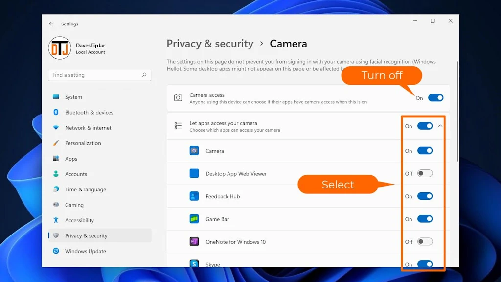 Disable the web camera