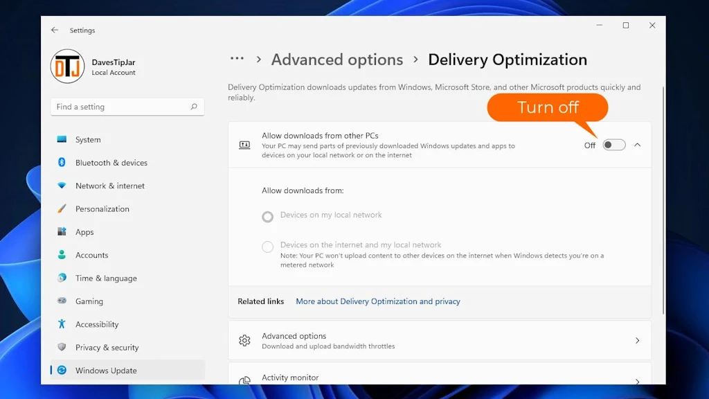 Disable windows update delivery optimization