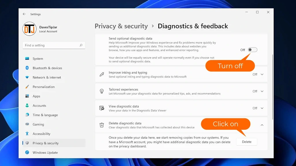 Turn off diagnostic data