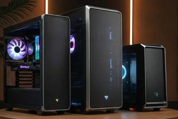 Three different size PC Cases in a row on a table.