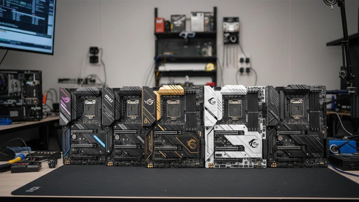 ATX Motherboards displayed in a row on a workbench.