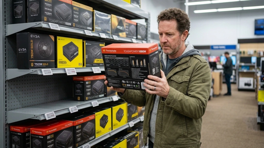 Guy Looking at PC Power supplies in a store.