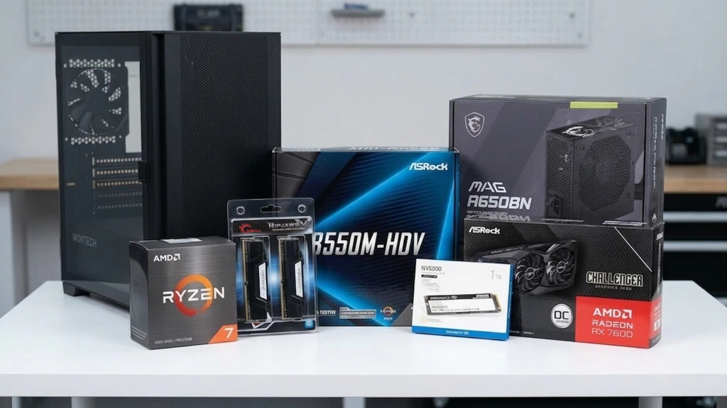 Group of PC parts for building a gaming PC.